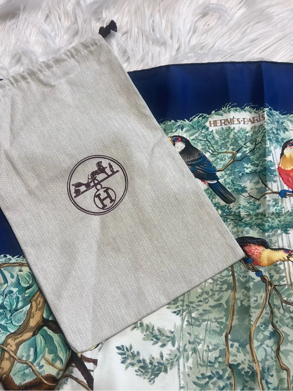 Hermes “ Equateur” Tropical Leaf and Navy 100% Silk Scarf - Picture 10 of 10